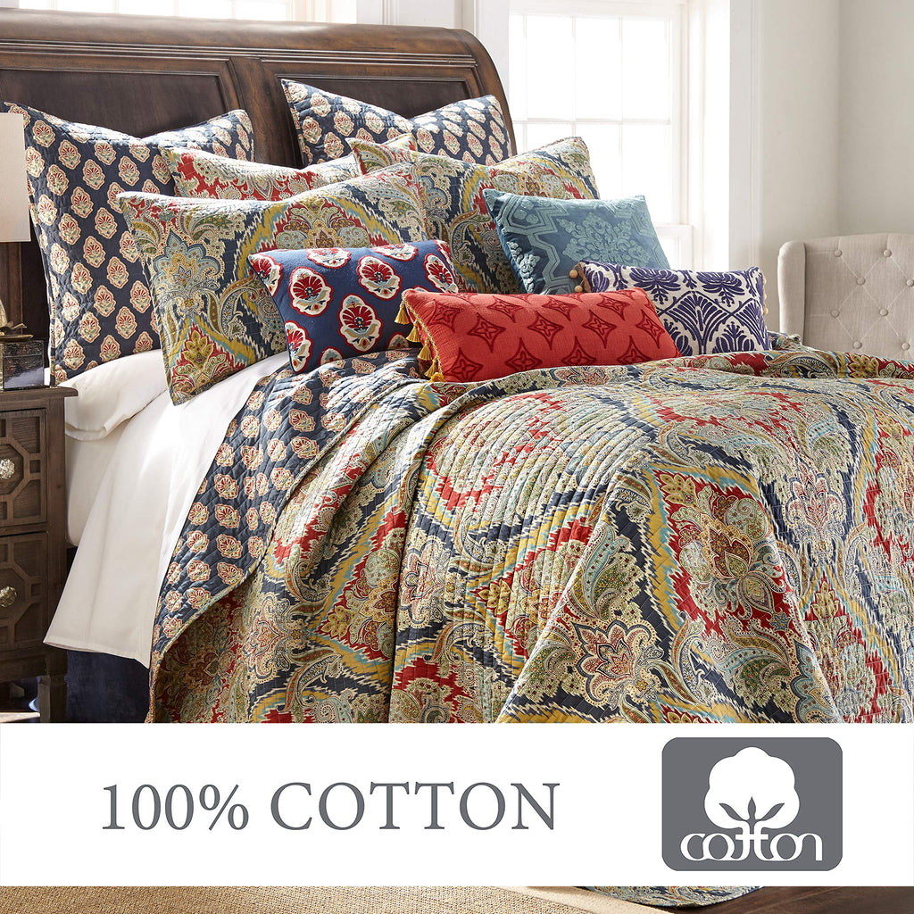 Moreno Quilt Set - Quilt + Two Standard Pillow Shams - Traditional Damask - Red, Blue, Grey, Gold, Teal