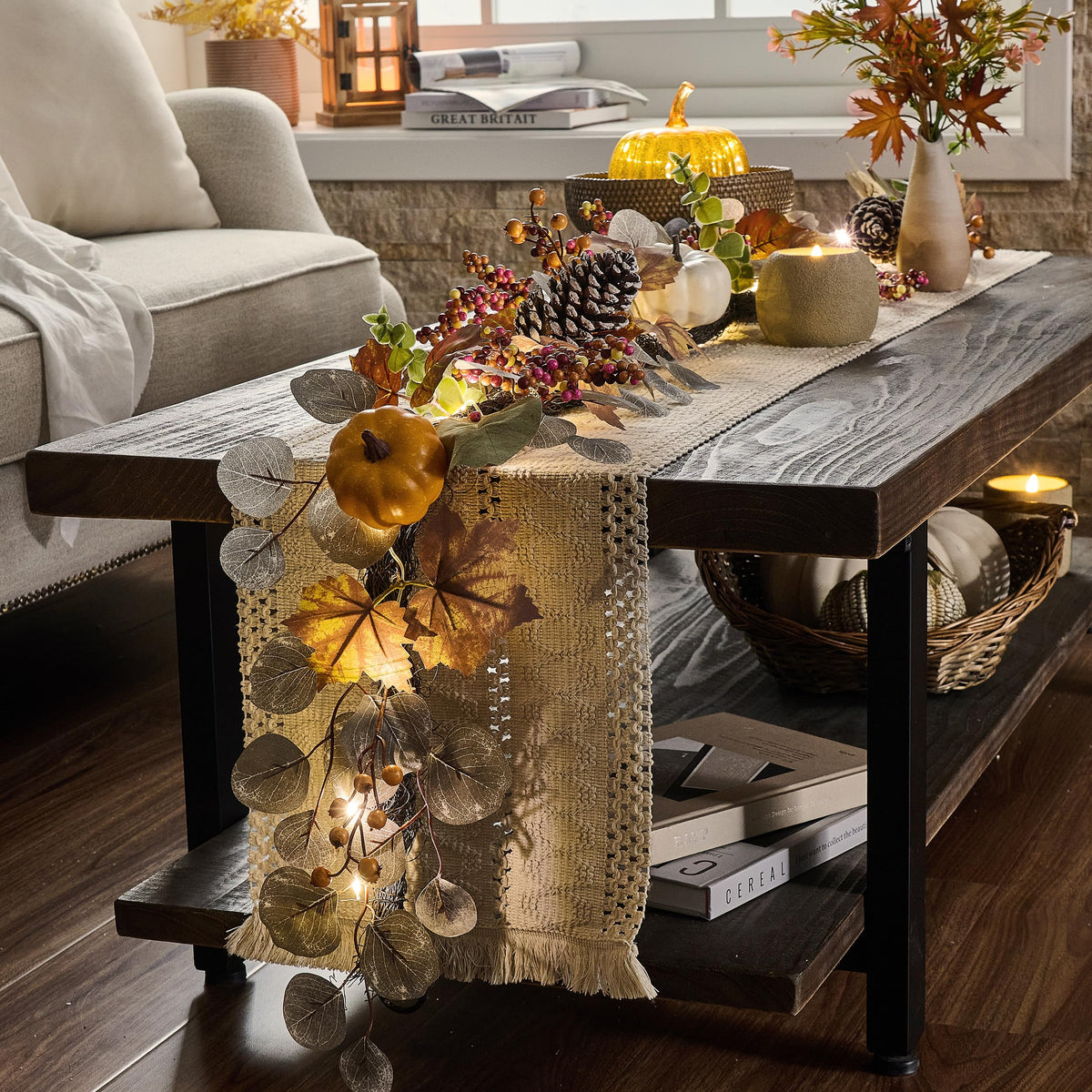 6ft Fall Maple Leaves Garlands for Mantle with Pumpkins
