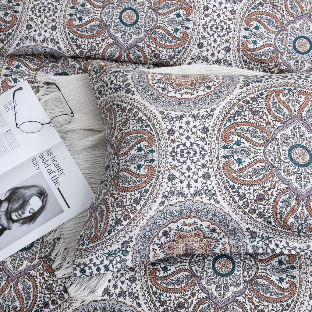 Boho Floral Medallions Duvet Cover 3pc Set Bohemian Paisley Bedding Boteh Damask Circles Egyptian Cotton Sateen