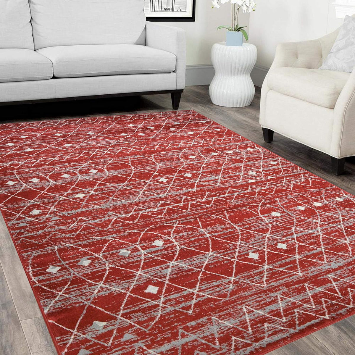 HR - Moroccan Trellis Motif Rug 5x7 Rustic Berber Tribal Pattern Moroccan Décor Carpet Flooring Red and Grey