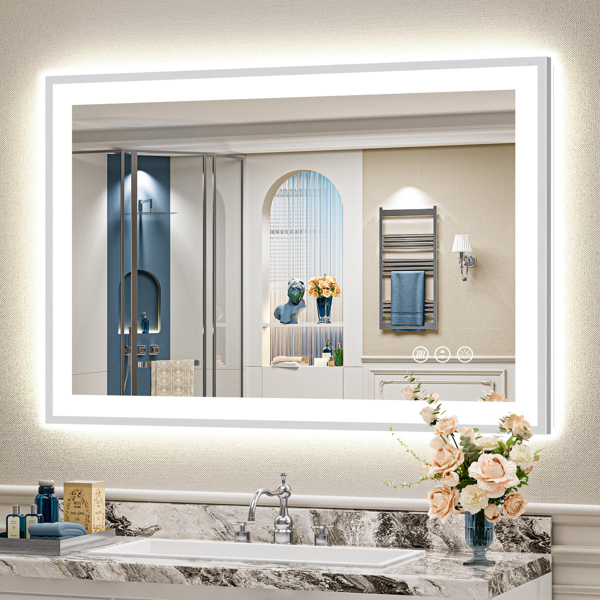 44x30 Inch Brushed Nickel LED Bathroom Mirror, Backlit & Front Lit