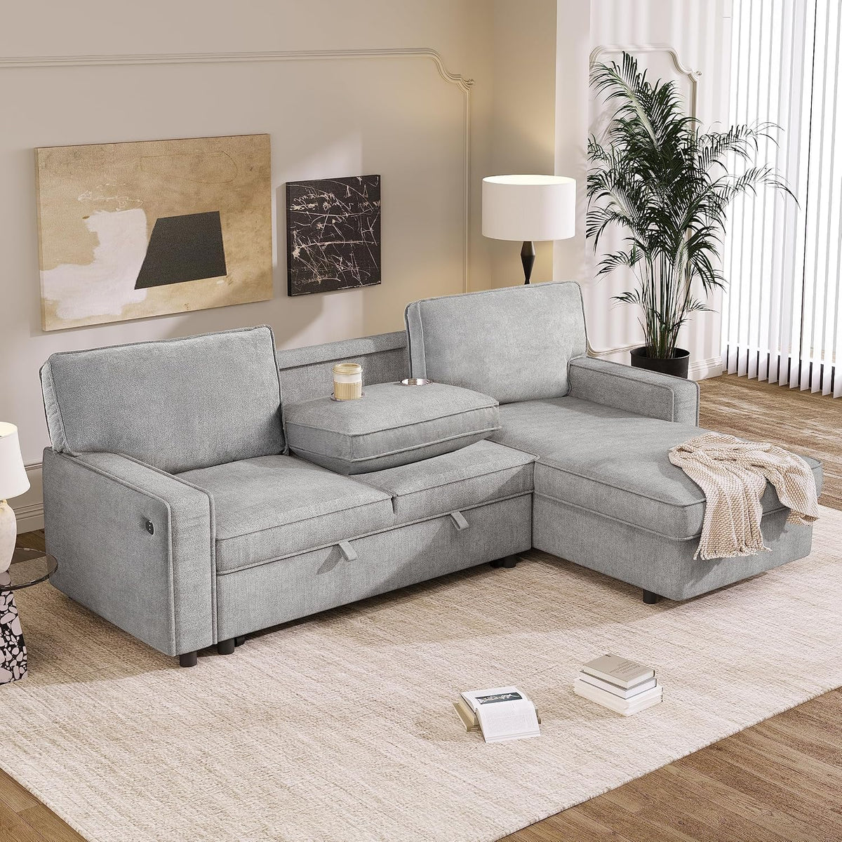 89" Convertible L-Shaped Sleeper Sofa Bed with Storage Chaise, Gray