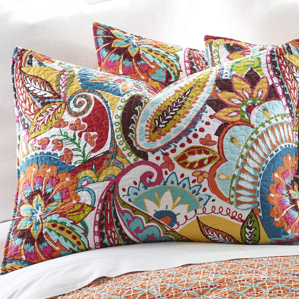 Rhapsody Quilt Set - King Quilt + Two King Pillow Shams - Paisley in Yellow Orange Red Green Blues - Quilt Size (106