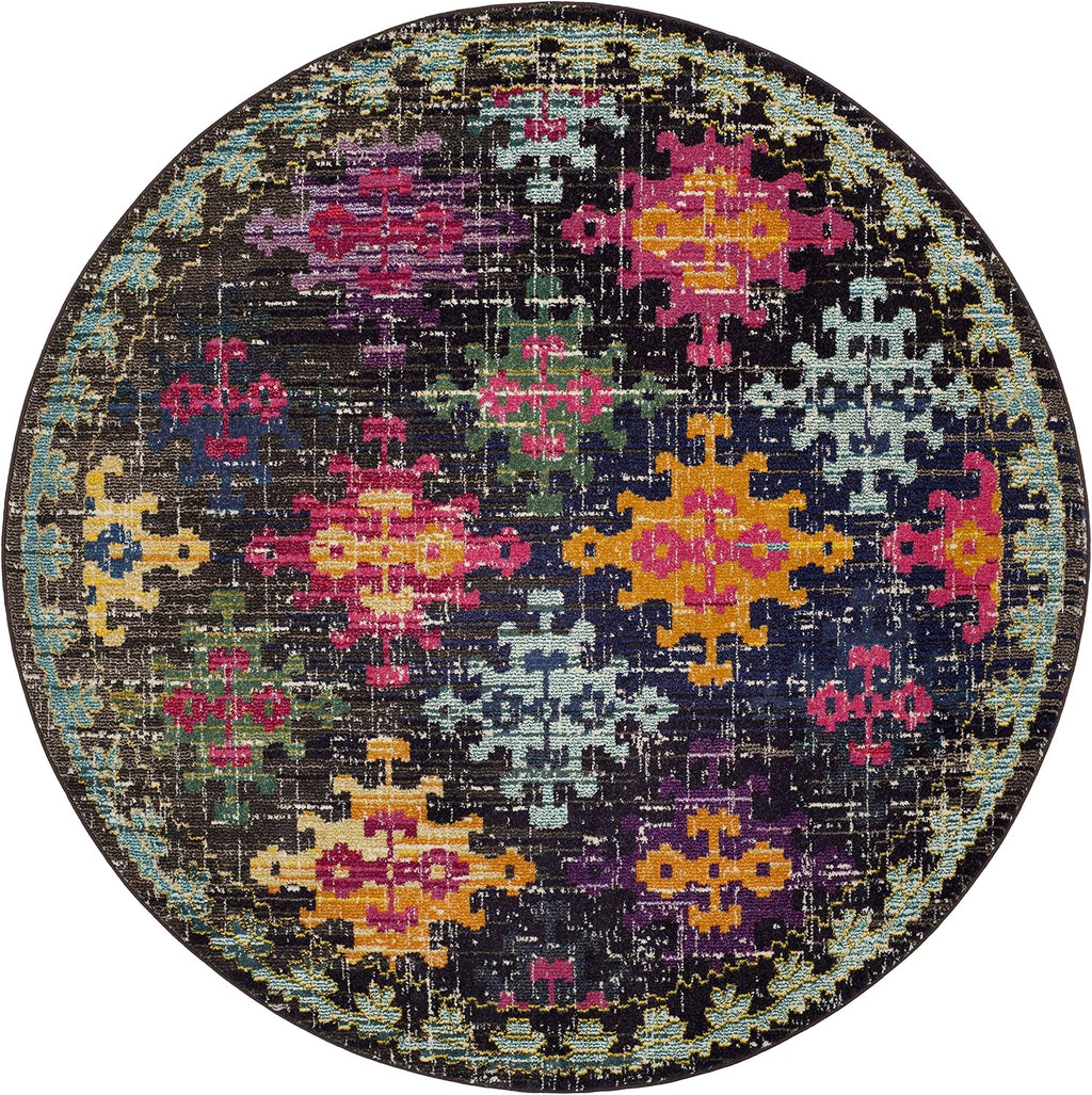 Monaco Collection Area Rug - 6'7" Round, Multi, Boho Diamond Trellis Design, Non-Shedding & Easy Care, Ideal for High