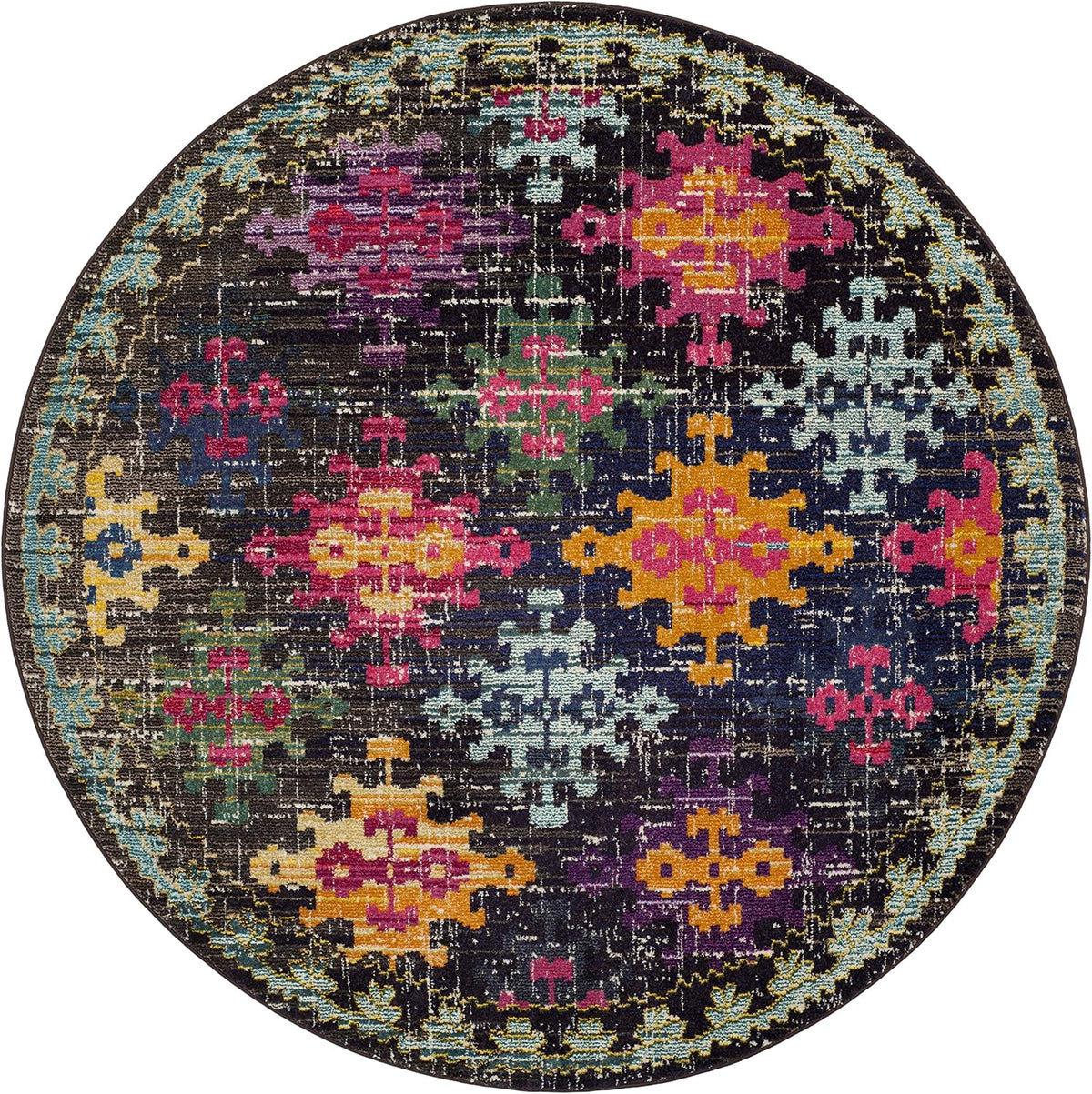 Monaco Collection Area Rug - 6'7" Round, Multi, Boho Diamond Trellis Design, Non-Shedding & Easy Care, Ideal for High