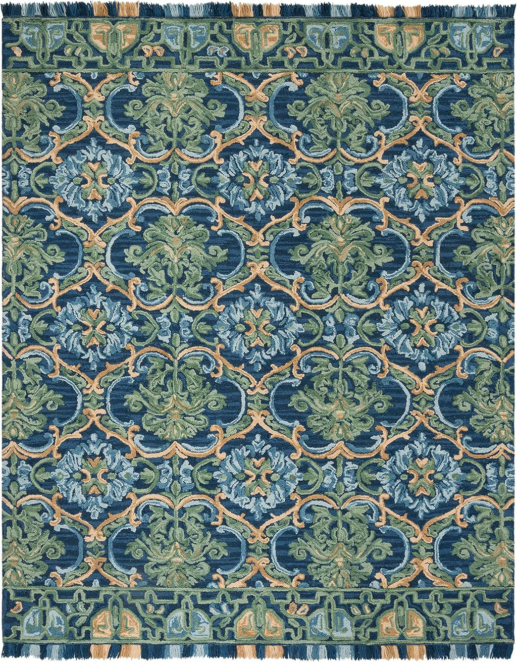 Blossom Area Rug, Navy & Green, Handmade Boho Fringe Wool