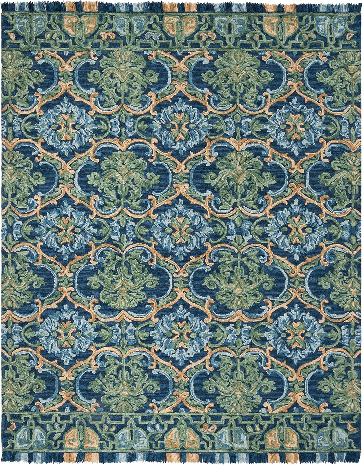 Blossom Area Rug, Navy & Green, Handmade Boho Fringe Wool