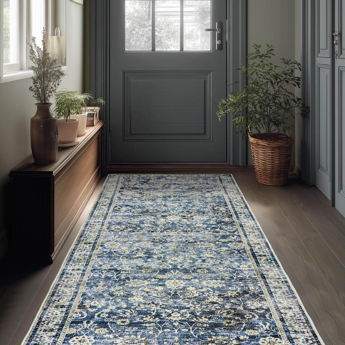 Dark Blue Runner Rug Low Pile Retro Rugs Non Slip Washable