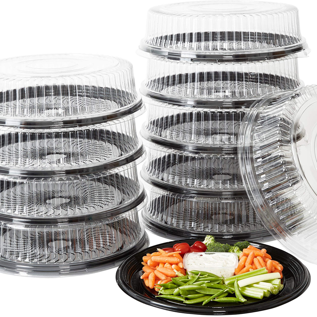 Heavy Duty, Recyclable 16 in. Serving Tray and Lid 10pk. Large, Black Plastic Party Platters with Clear Lids Dishware