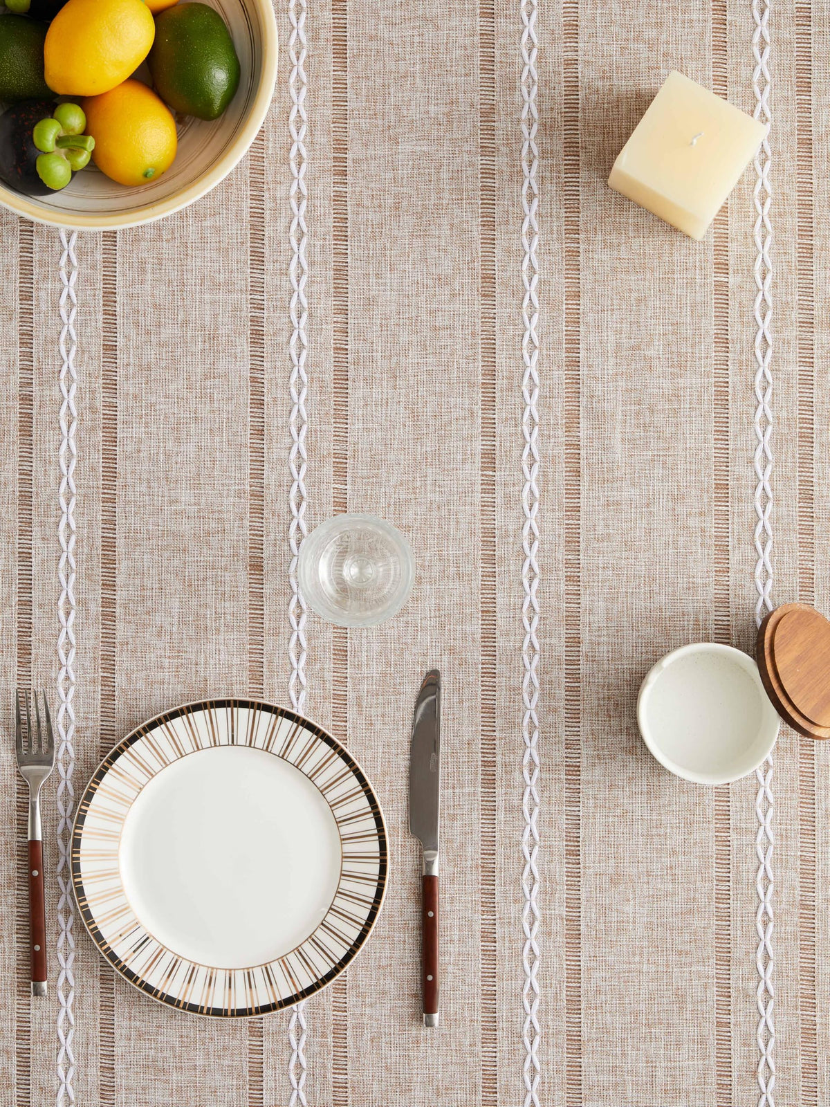 Hemstitched Striped Boho Table Cloth, 54 Inch Round Natural