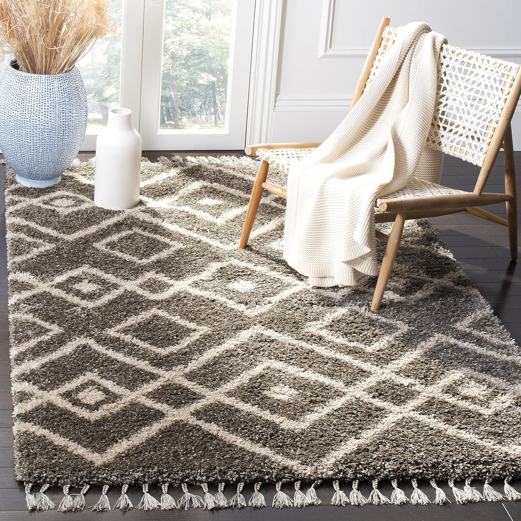 Moroccan Fringe Shag Collection Area Rug, Grey & Cream, Boho Tribal Design, Non-Shedding & Easy Care
