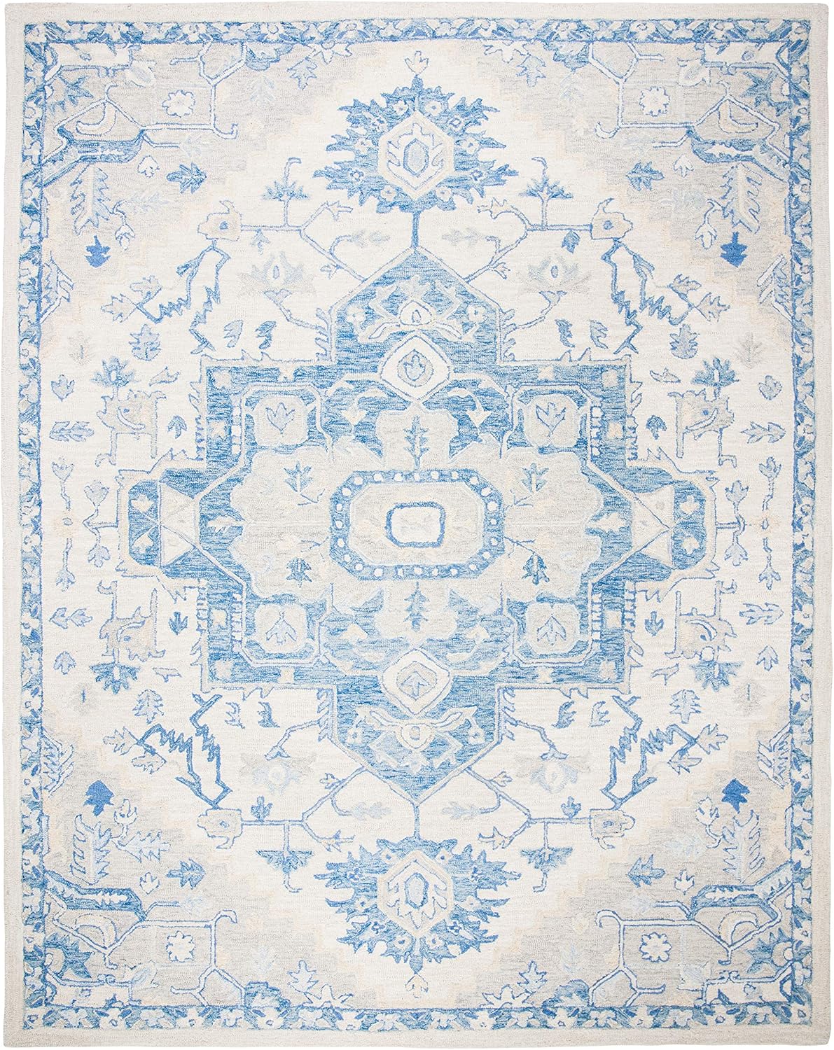 Micro-Loop IvoryBlue Handmade Shabby Chic Medallion Premium Wool Dining Area Rug