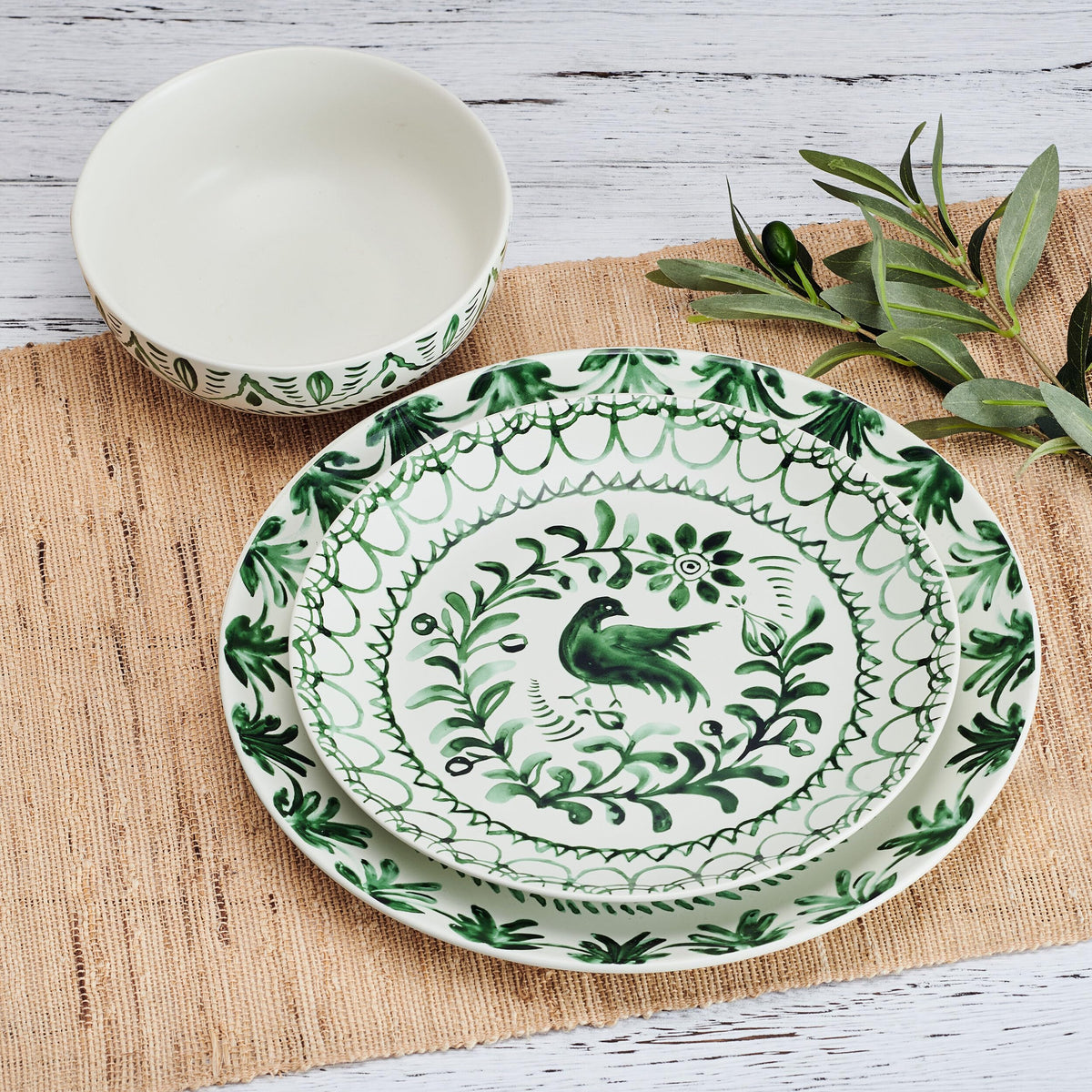 And Floyd Sicily Green 12-Piece Dinnerware Set - Stoneware Plates and Bowls Set for 4, Floral Green and White Dish