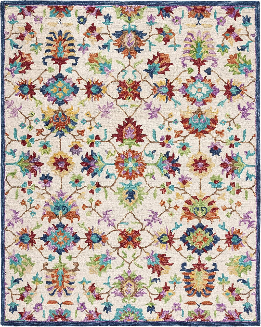 Aspen Collection Area Rug, Ivory & Blue, Handmade Boho Floral Wool, Ideal for High Traffic Areas in Living