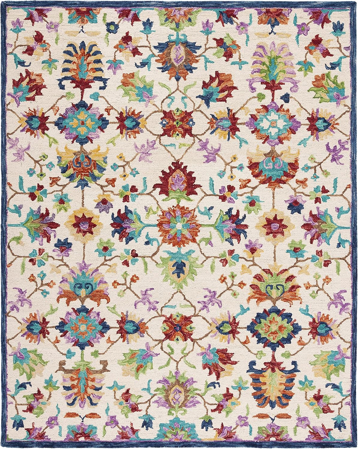 Aspen Collection Area Rug, Ivory & Blue, Handmade Boho Floral Wool, Ideal for High Traffic Areas in Living