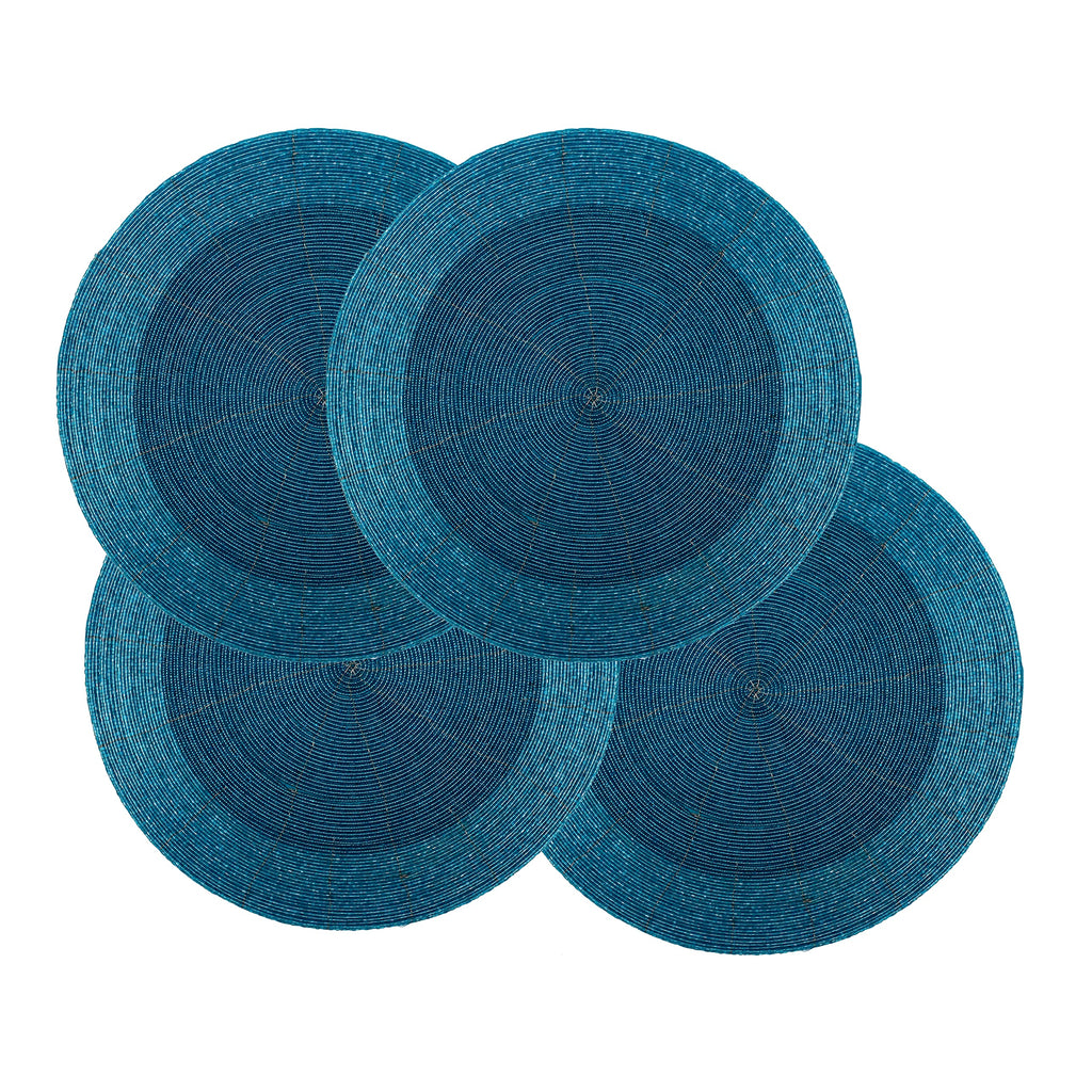 Lightnpro Handmade Beaded Placemats Set of 4 - 13 Inch Round Turquoise Blue Charger Mats | Handcrafted Artisan Table