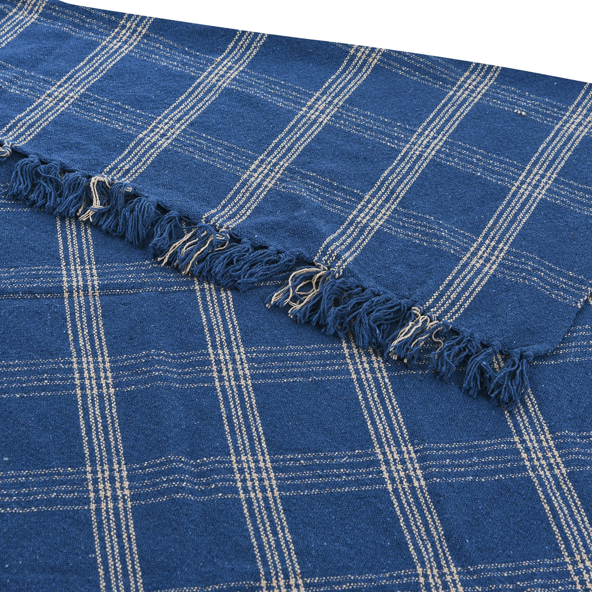 Recycled Cotton Blend Throw Blanket with Fringe, Blue Plaid