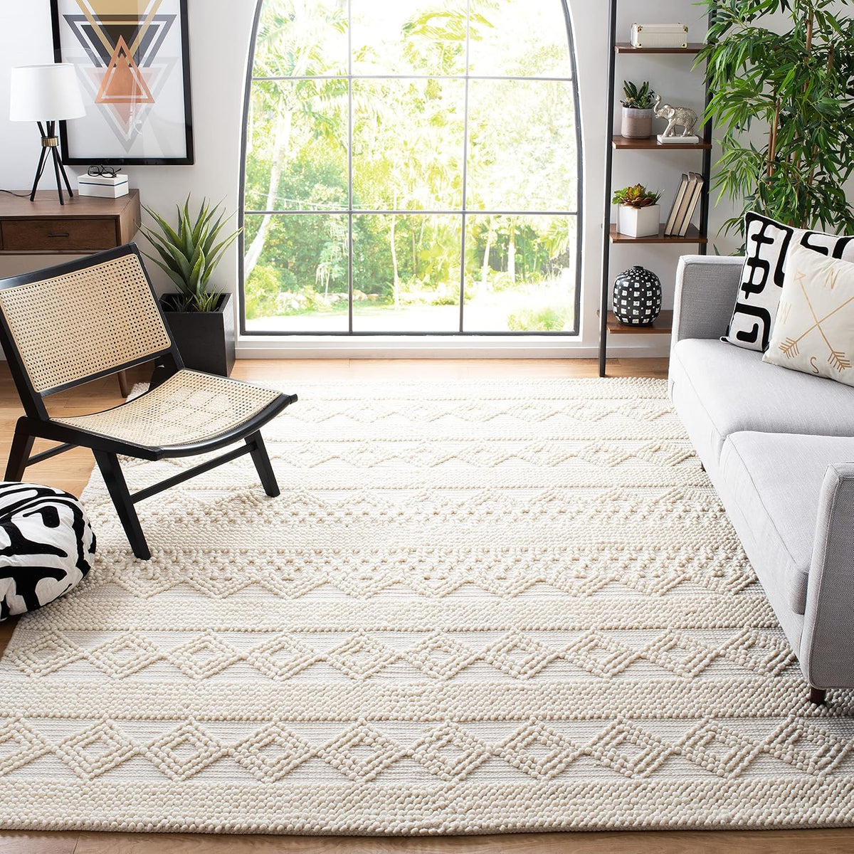Natura Collection Area Rug, Ivory, Handmade Moroccan Boho Tribal Wool & Cotton, Ideal for High Traffic