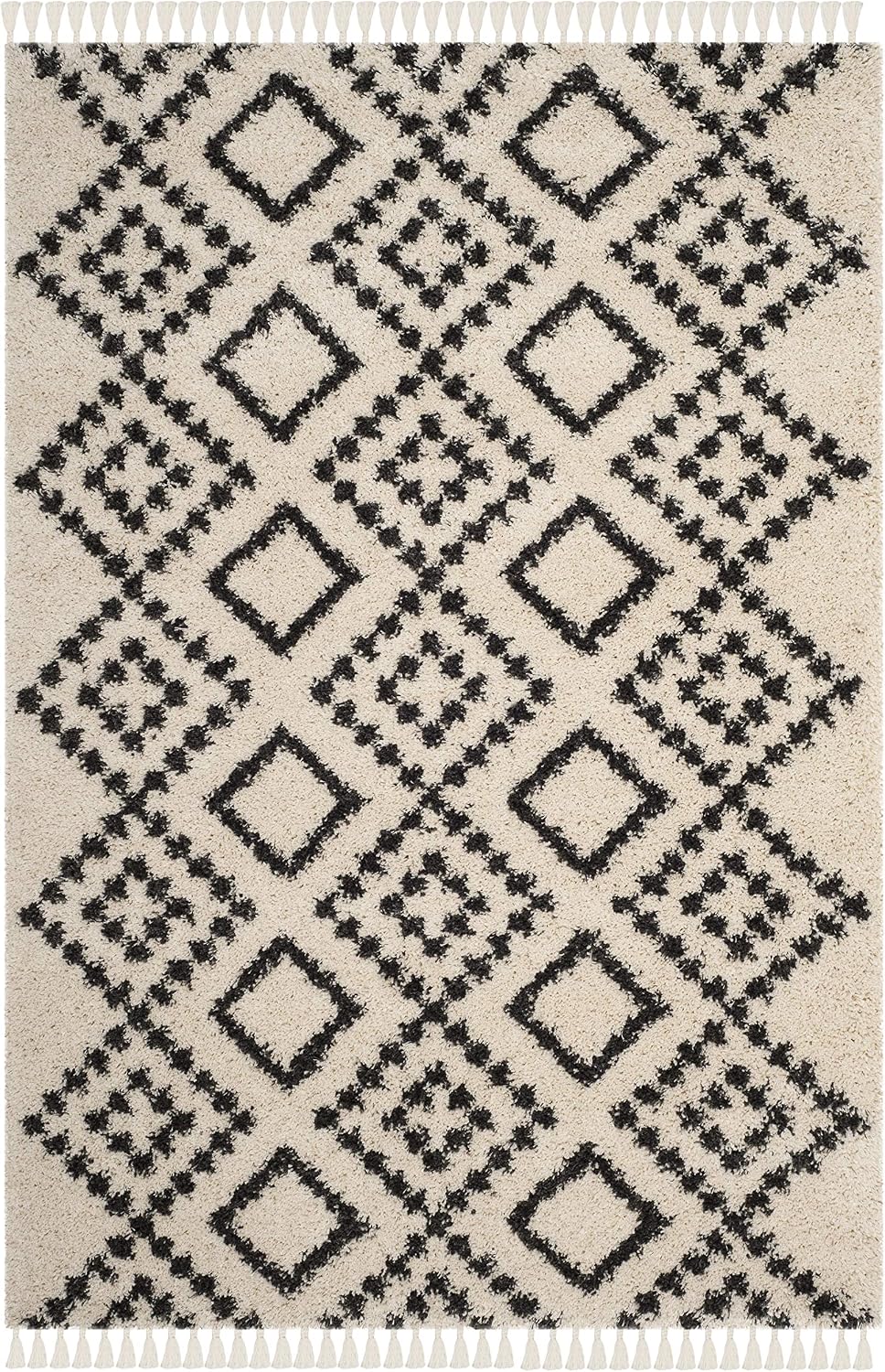 Moroccan Fringe Shag Collection Accent Rug - 4' x 6', Cream & Charcoal, Tribal, Non-Shedding & Easy Care, 2-inch