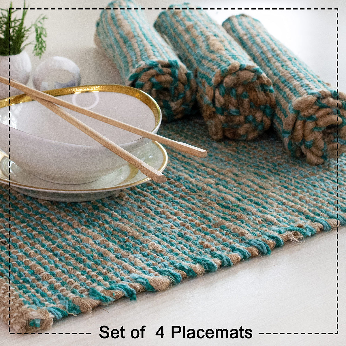 Natural Jute & Aqua Turquoise Placemats, Set of 4 - Rustic Handmade Boho Table Mats, 13x19 in Dining Table Placemats