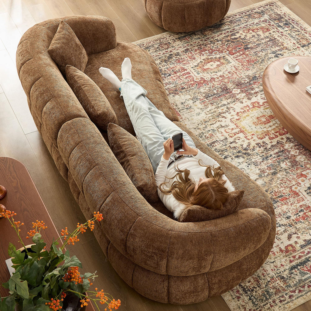 Curved Sectional Sofa, 103", 4-Seat, High-Density Foam, Sculptural, Brown