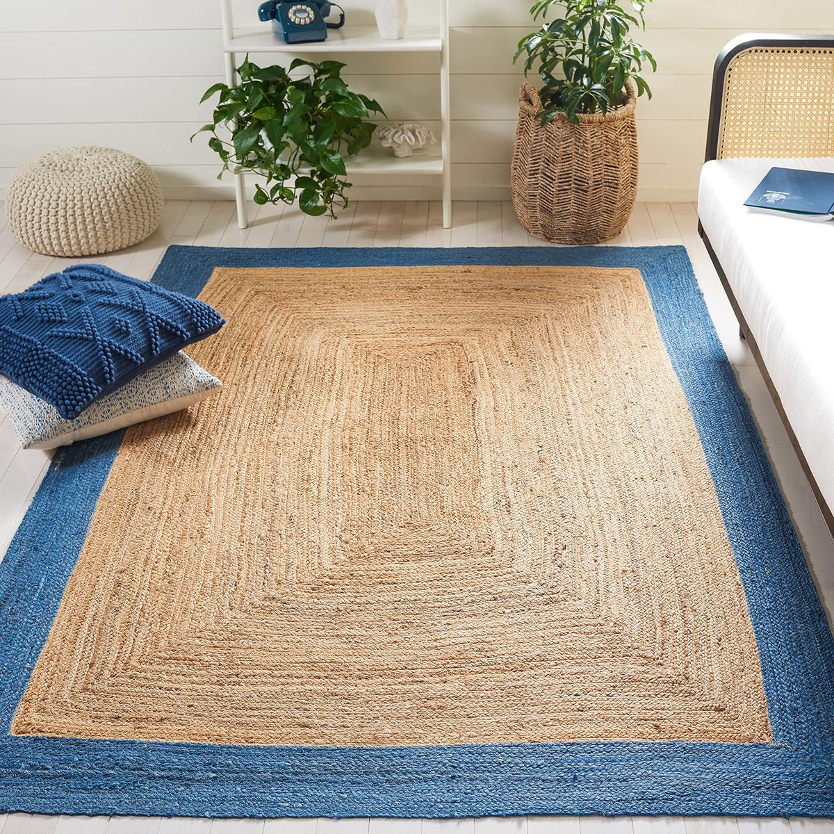 Natural Fiber Collection Area Rug - 6' Square, Natural & Blue, Handmade Flat Weave Boho Farmhouse Rustic Border Jute