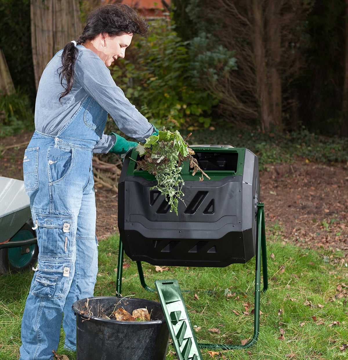 Mr.Spin Compost Tumbler - 160 Liters / 43 Gallon, Dual Chamber Composter On Two-Leg Stand,Green/Black
