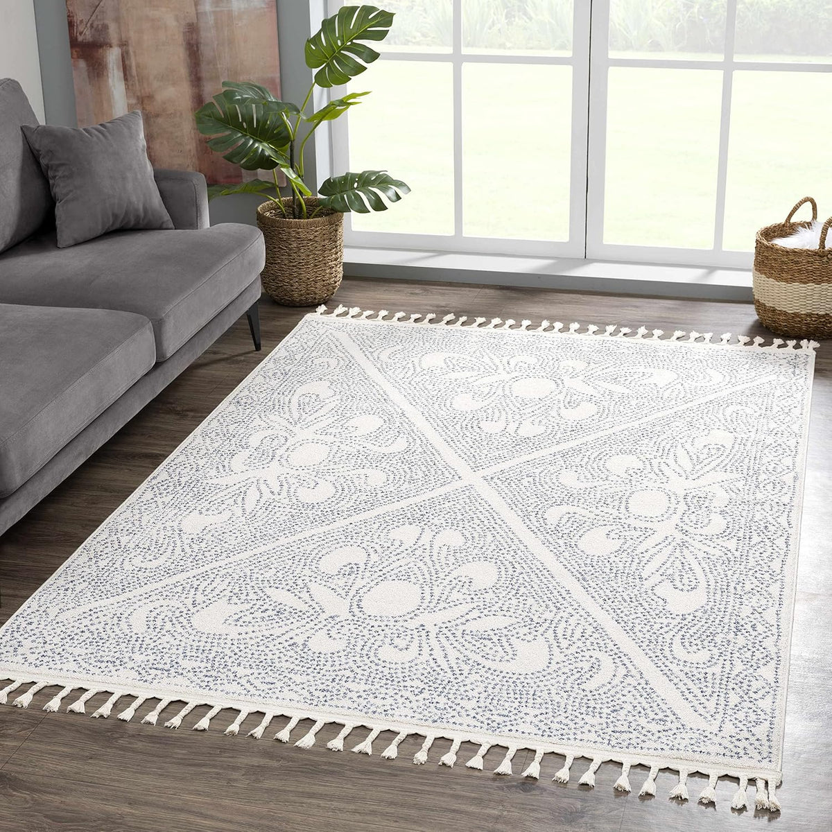 Birdwood Living Room, Bedroom Area Rug - Floral Geometric Diamond Border Mosaic - Scandinavian Traditional