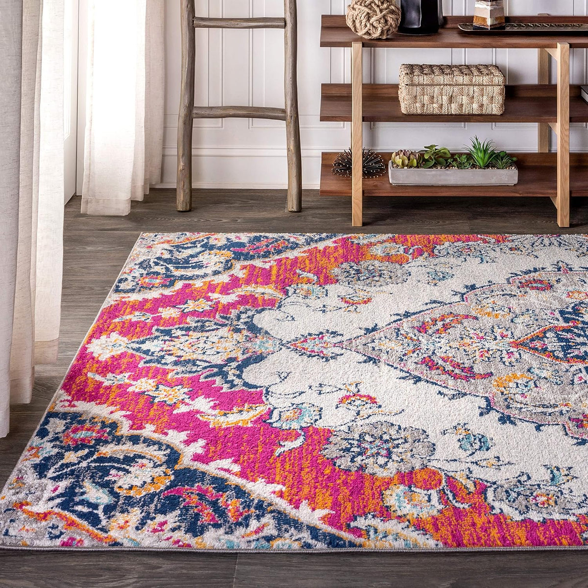 Boho Vintage Multi Indoor Area Rug, Bohemian Flair Medallion, Chic, Floral, High Traffic, Pet Friendly