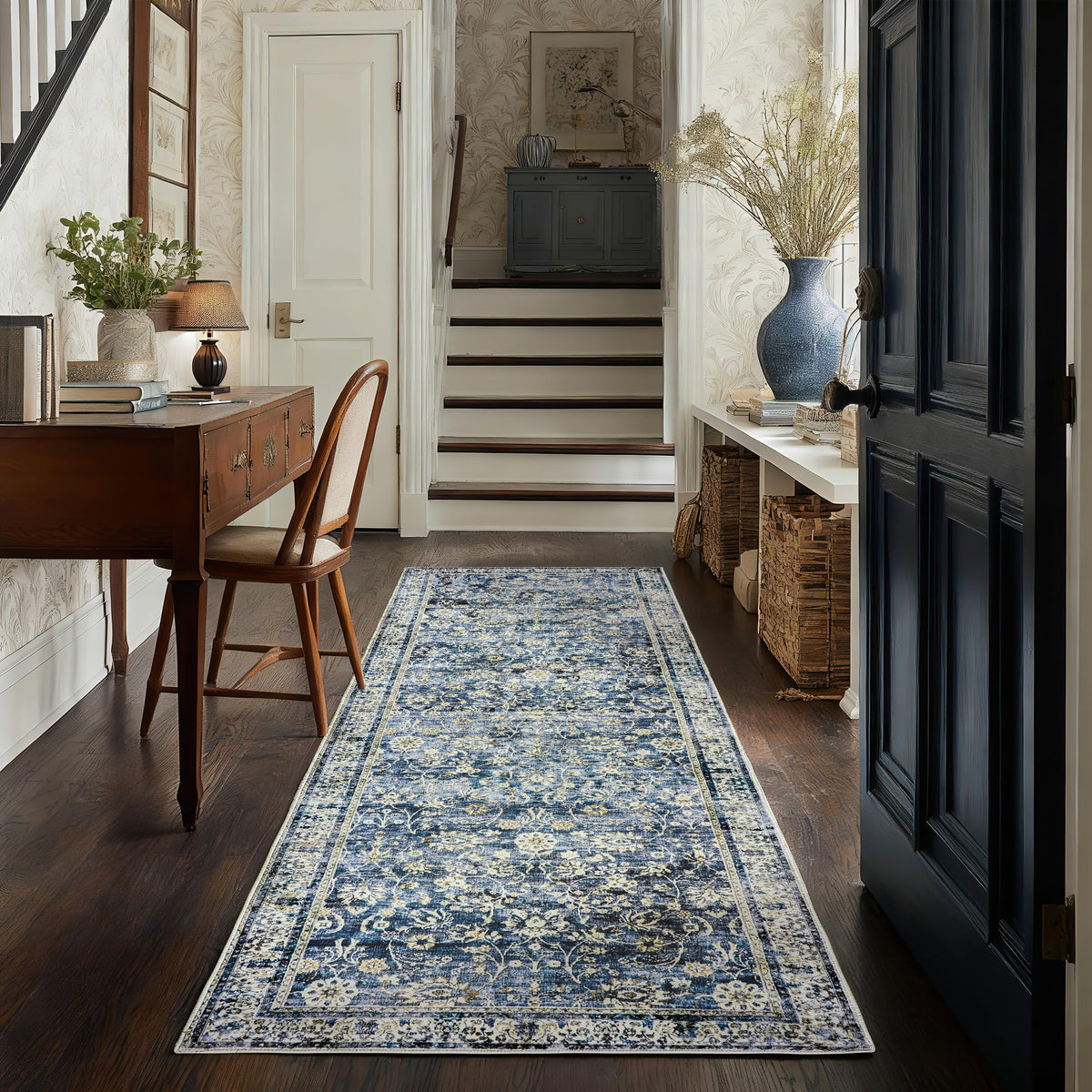 Dark Blue Runner Rug Low Pile Retro Rugs Non Slip Washable