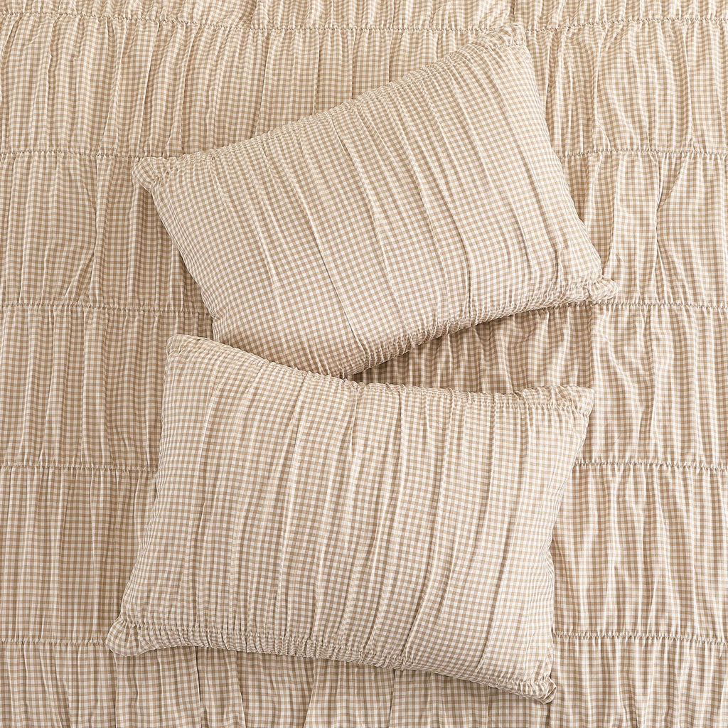 Tan Gingham Comforter Sets - 3 Pieces Ruched Bedding