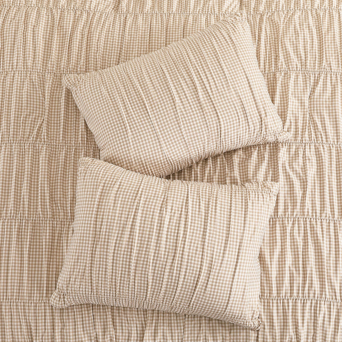 Tan Gingham Comforter Sets - 3 Pieces Ruched Bedding