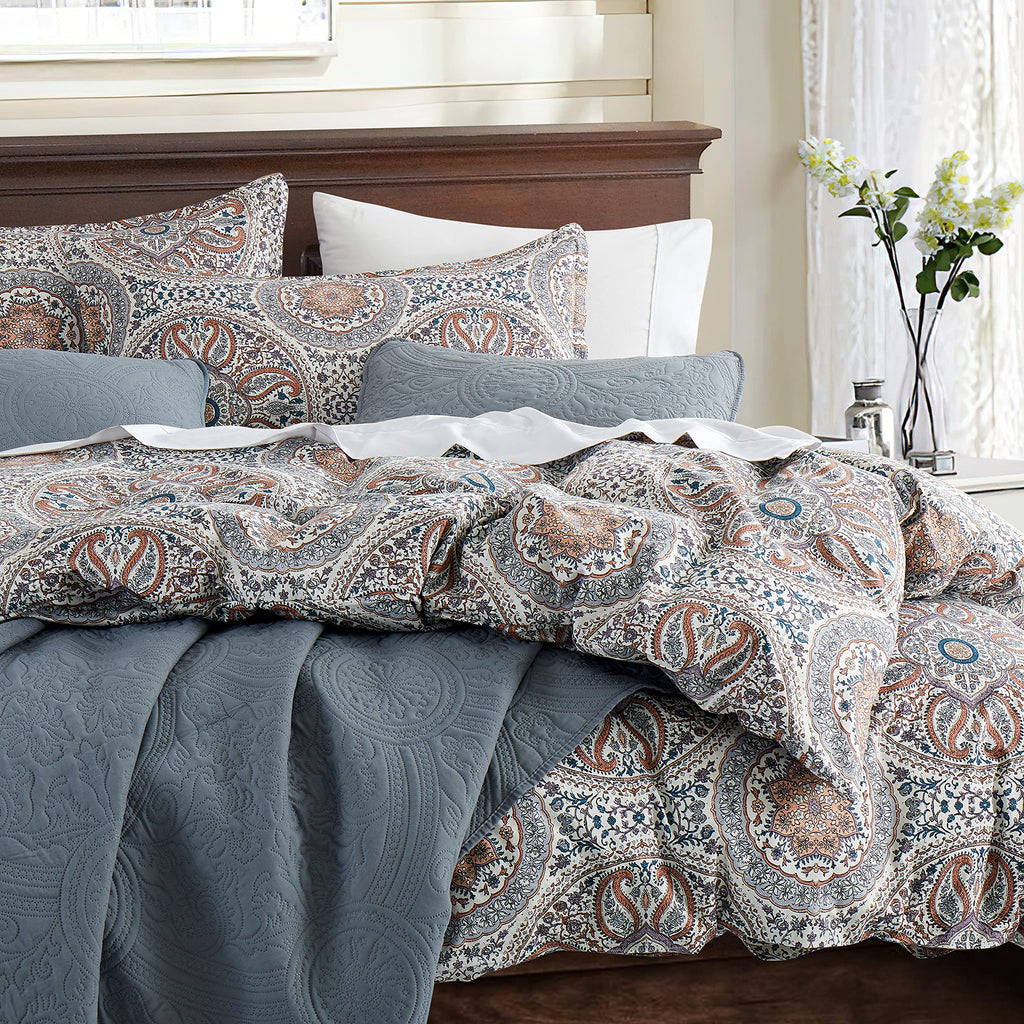 Boho Floral Medallions Duvet Cover 3pc Set Bohemian Paisley Bedding Boteh Damask Circles Egyptian Cotton Sateen