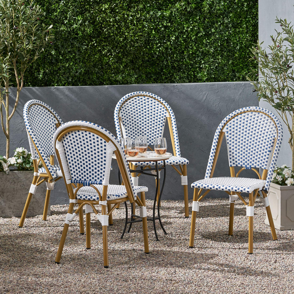 Philomena Outdoor French Bistro Chair (Set of 4), Blue + White + Bamboo Print Finish