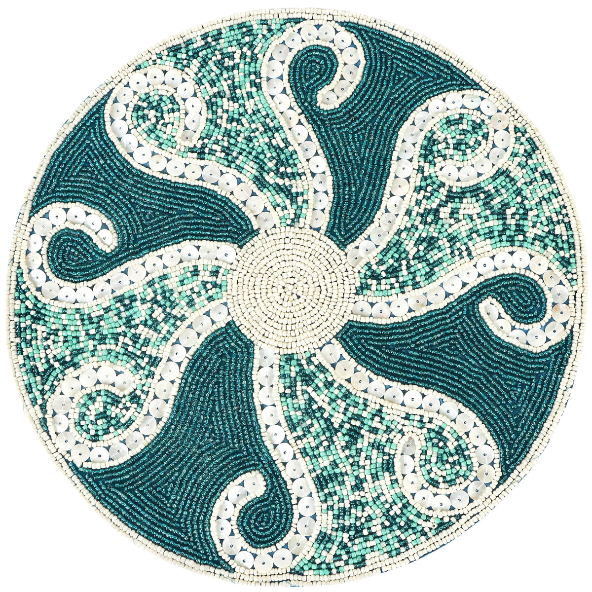Beaded Placemats 13 Inch Teal Ivory Round Table Mats