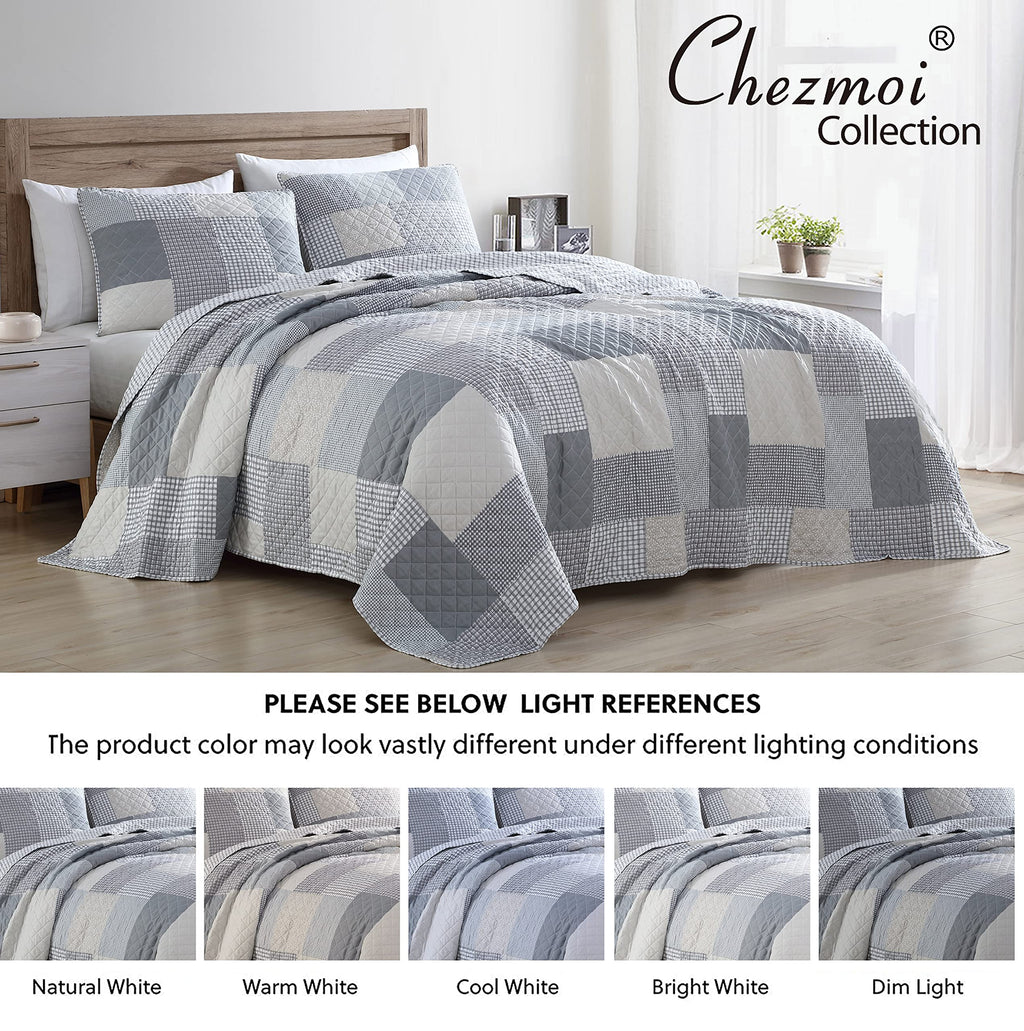 Anderson 3-Piece Printed Patchwork Quilt Set, Lightweight Polyester Cover with 100% Cotton Filling, Modern Gray Plaid