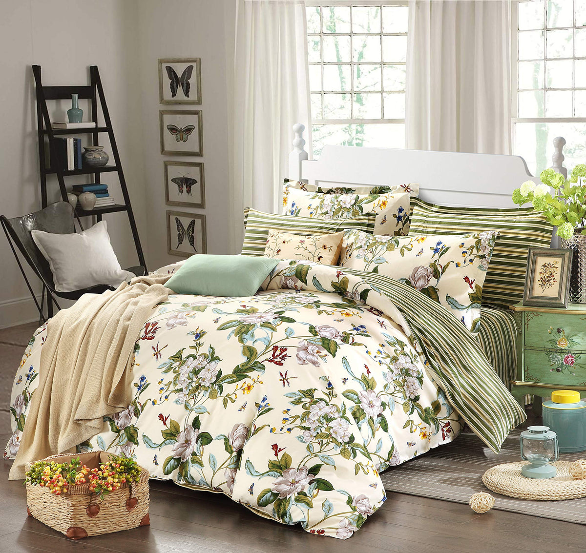 Floral Duvet Cover Set 100% Cotton Green and Beige Striped Shabby Flower Bedding Branches Botanical Printed