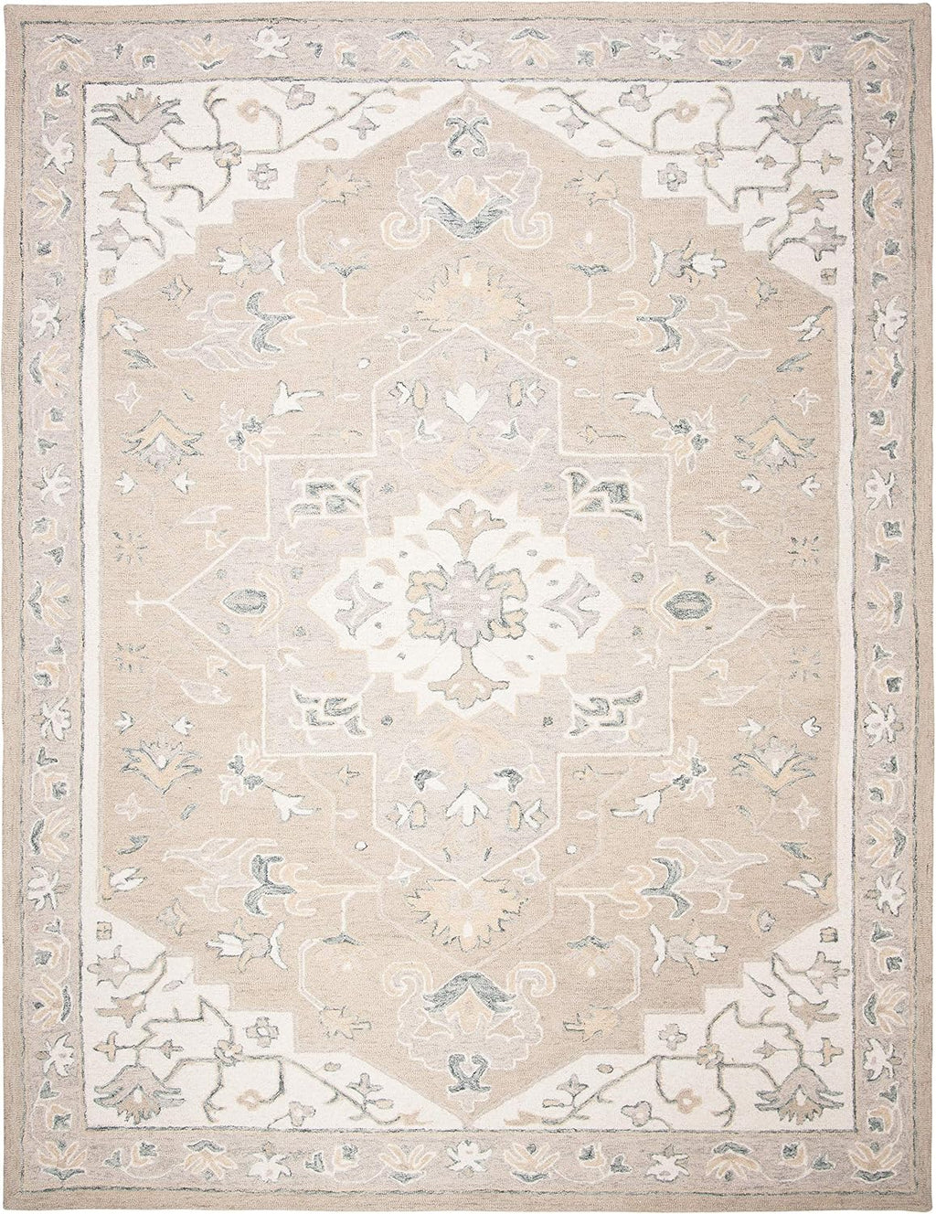 Micro-Loop Collection Area Rug, Light Grey & Ivory, Handmade Medallion Wool, Ideal for High Traffic Areas