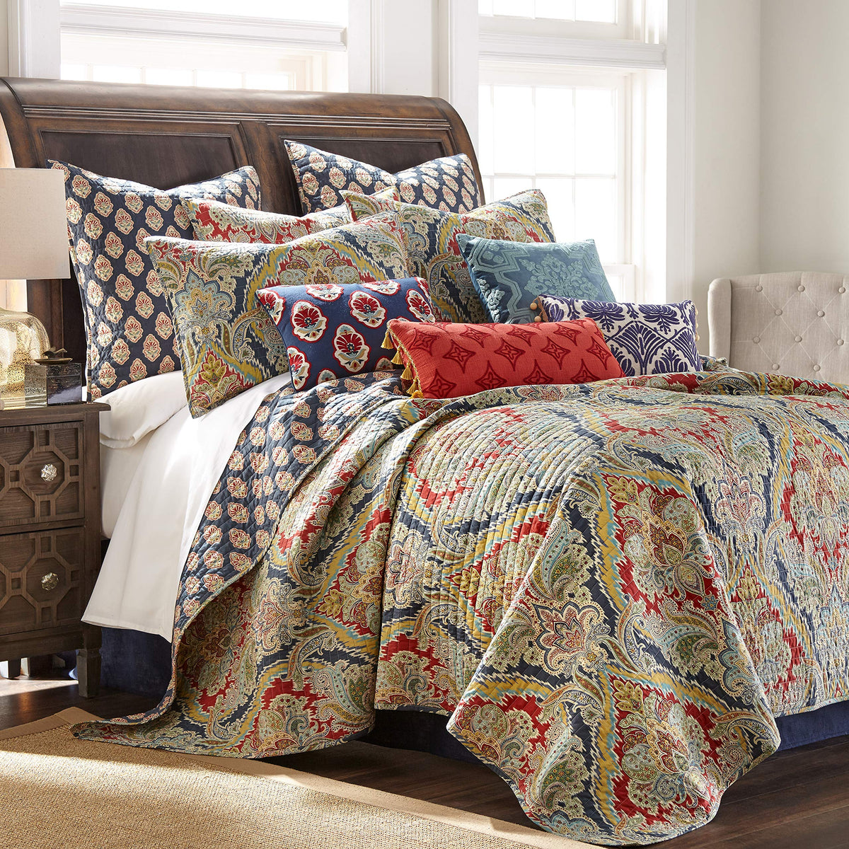 Moreno Quilt Set - Quilt + Two Standard Pillow Shams - Traditional Damask - Red, Blue, Grey, Gold, Teal