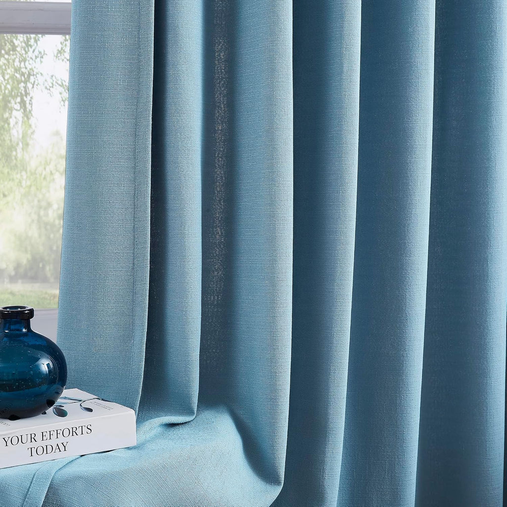 Dusty Blue Linen Texture Curtains for Living Room Bedroom Pinch Pleated Semi Sheer Window Curtains 2