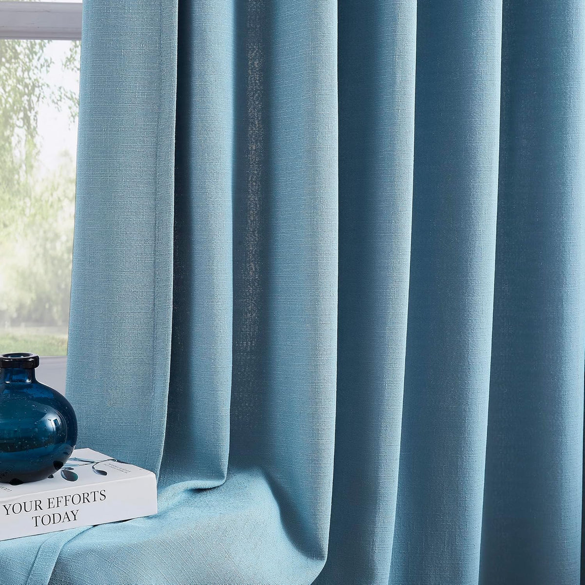 Dusty Blue Linen Texture Curtains for Living Room Bedroom Pinch Pleated Semi Sheer Window Curtains 2