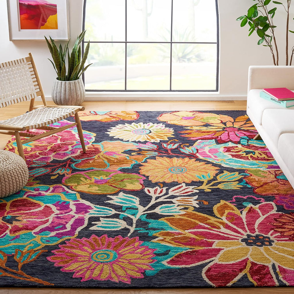 Aspen Collection Area Rug, Charcoal & Blue, Handmade Boho Floral Wool, Ideal for High Traffic Areas in