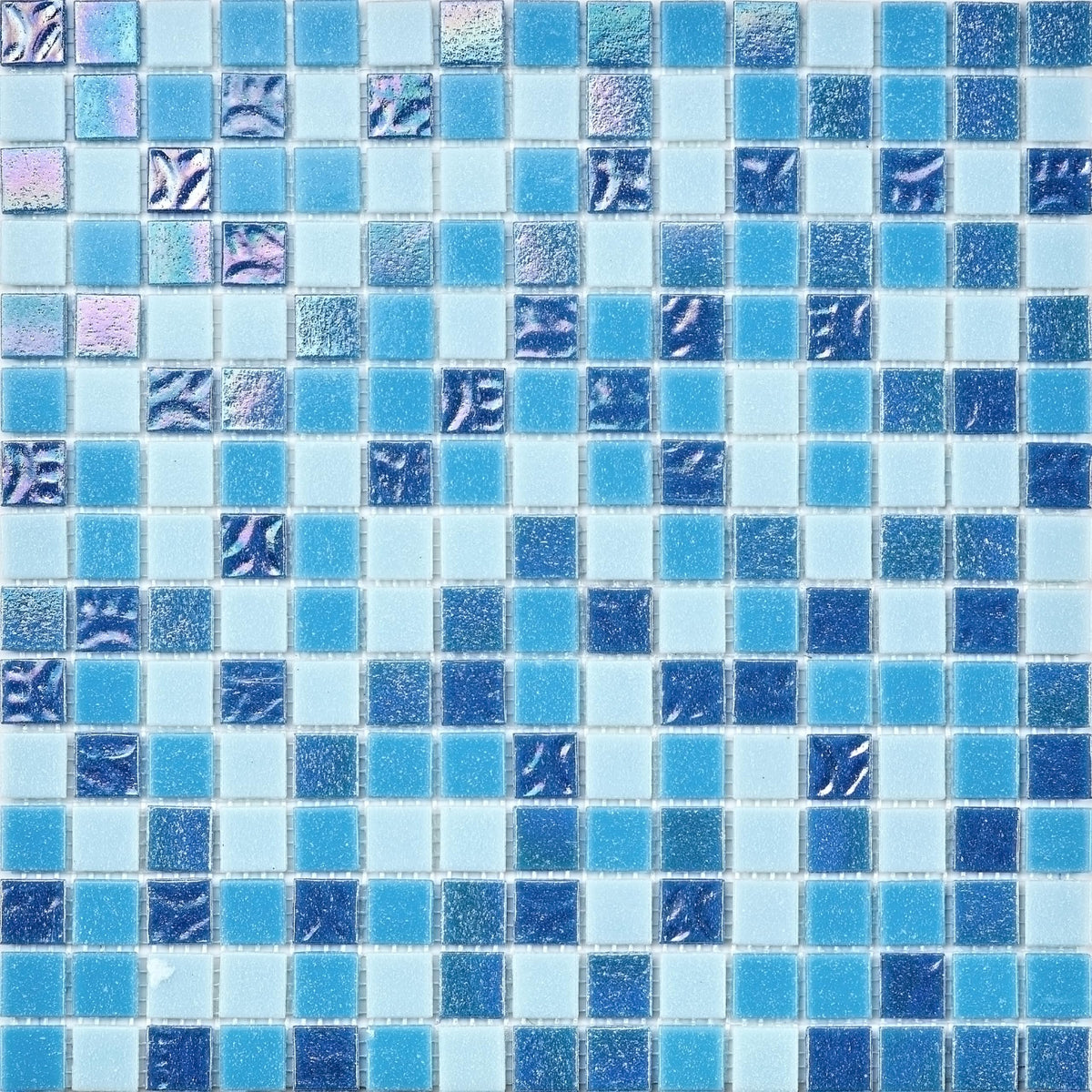 Blue Lagoon Blend Glass Mosaic Tile Sheet 12"x12" (305x305mm), 20x20mm Square Iridescent Swimming Pool Tile, Bathroom
