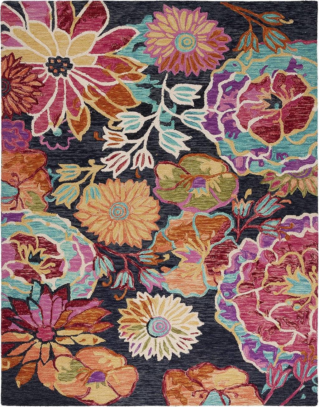 Aspen Collection Area Rug, Charcoal & Blue, Handmade Boho Floral Wool, Ideal for High Traffic Areas in