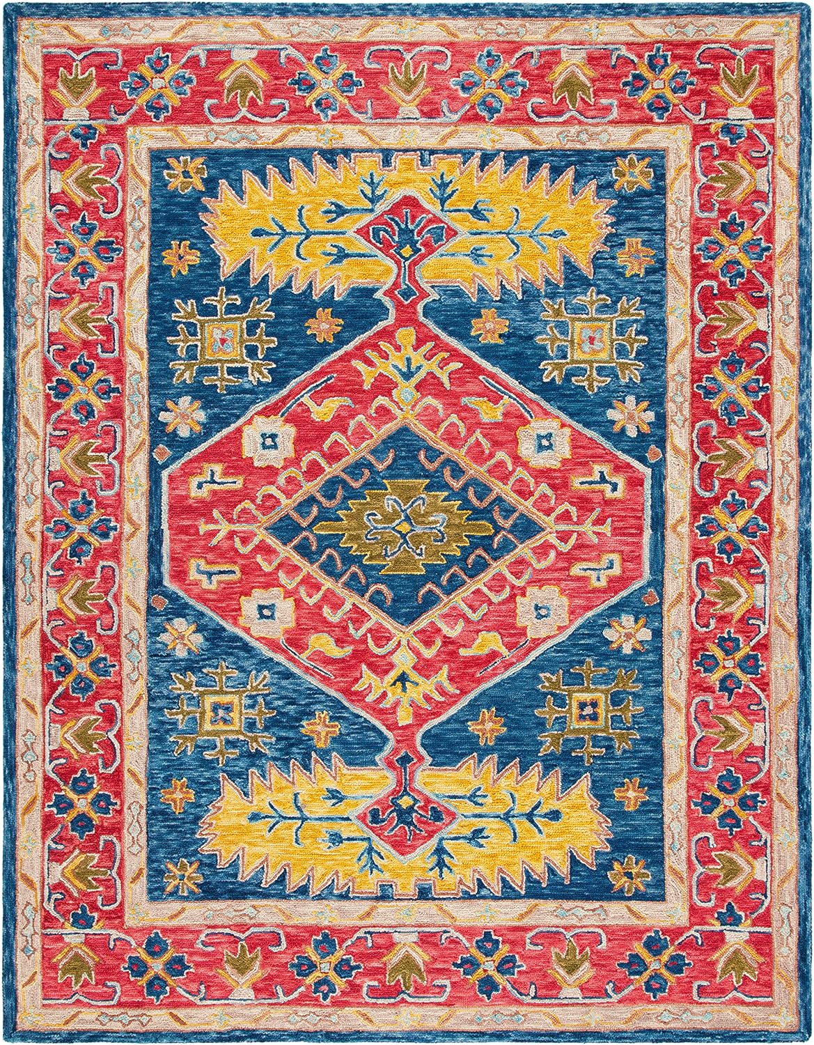 Aspen Collection Area Rug, Red & Blue, Handmade Boho Wool, Ideal for High Traffic Areas in Living Room