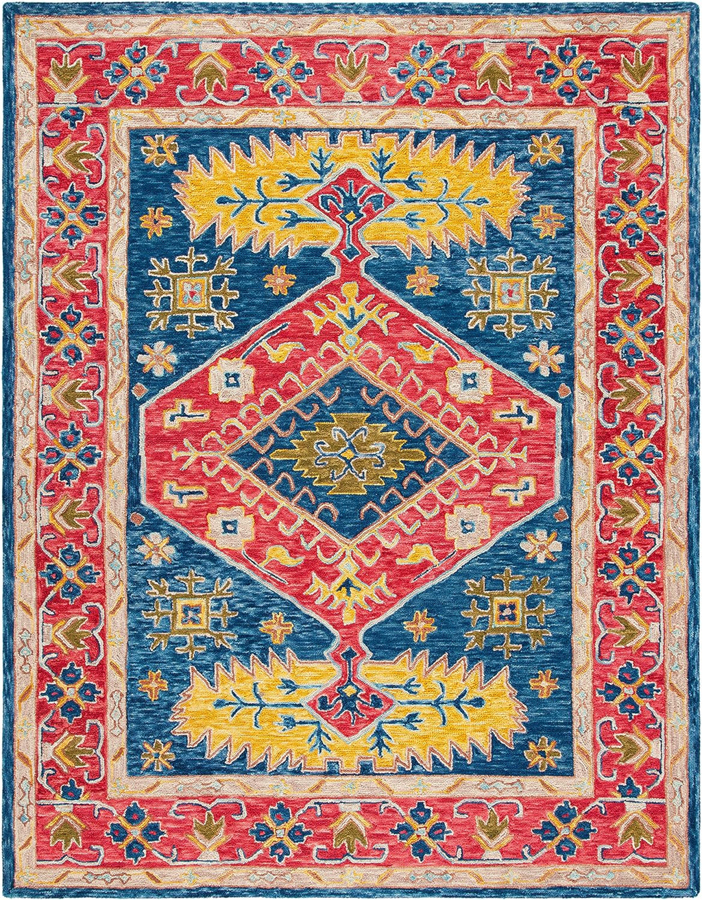 Aspen Collection Area Rug, Red & Blue, Handmade Boho Wool, Ideal for High Traffic Areas in Living Room