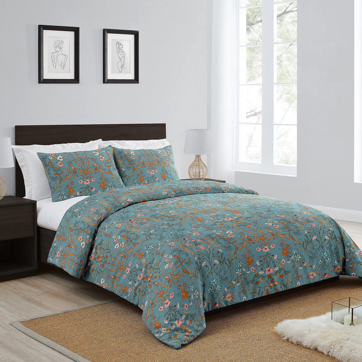 Boho Bohemian Farmhouse Teal Blue and Orange Wildflower Garden Floral Duvet Comforter Cover and Sham 3 pc