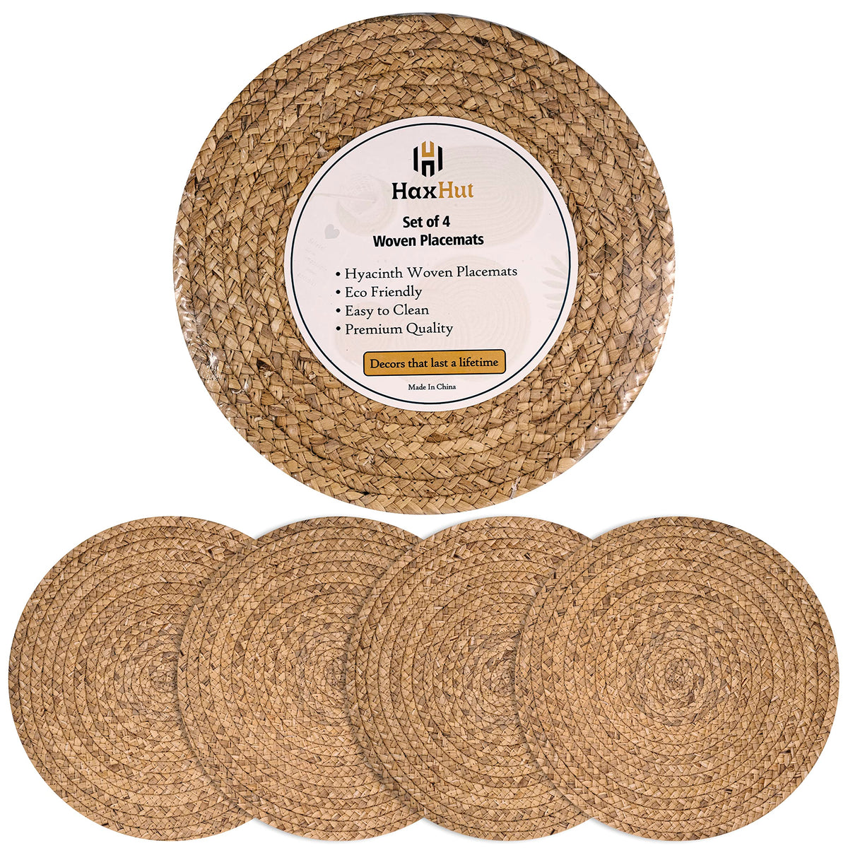 Round Woven Placemats Set of 4, Wicker Placemats for Dinner Plates | 13.5 Inch Natural Rattan Boho Style Braided