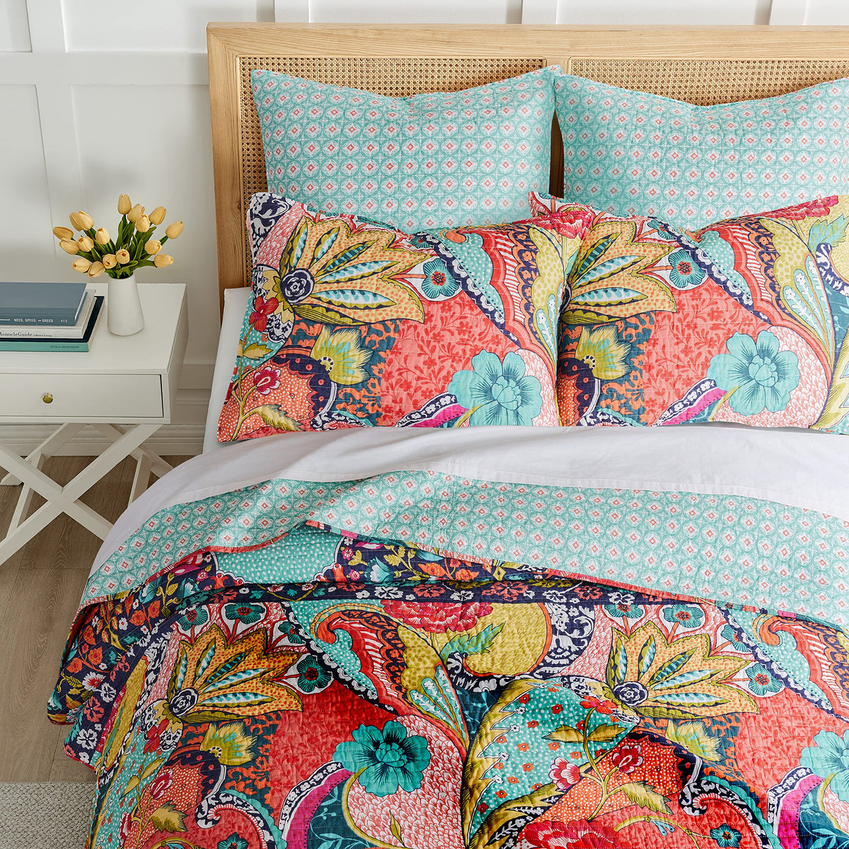 Jules Quilt Set - Quilt (106x92in.) + Two Pillow Shams (36x20in.) - Bohemian - Teal, Orange