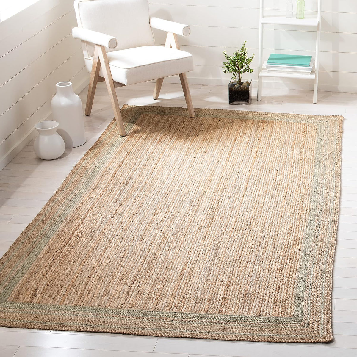 Natural Fiber Collection Area Rug, Green & Natural, Handmade Border Farmhouse Jute, Ideal for High Traffic